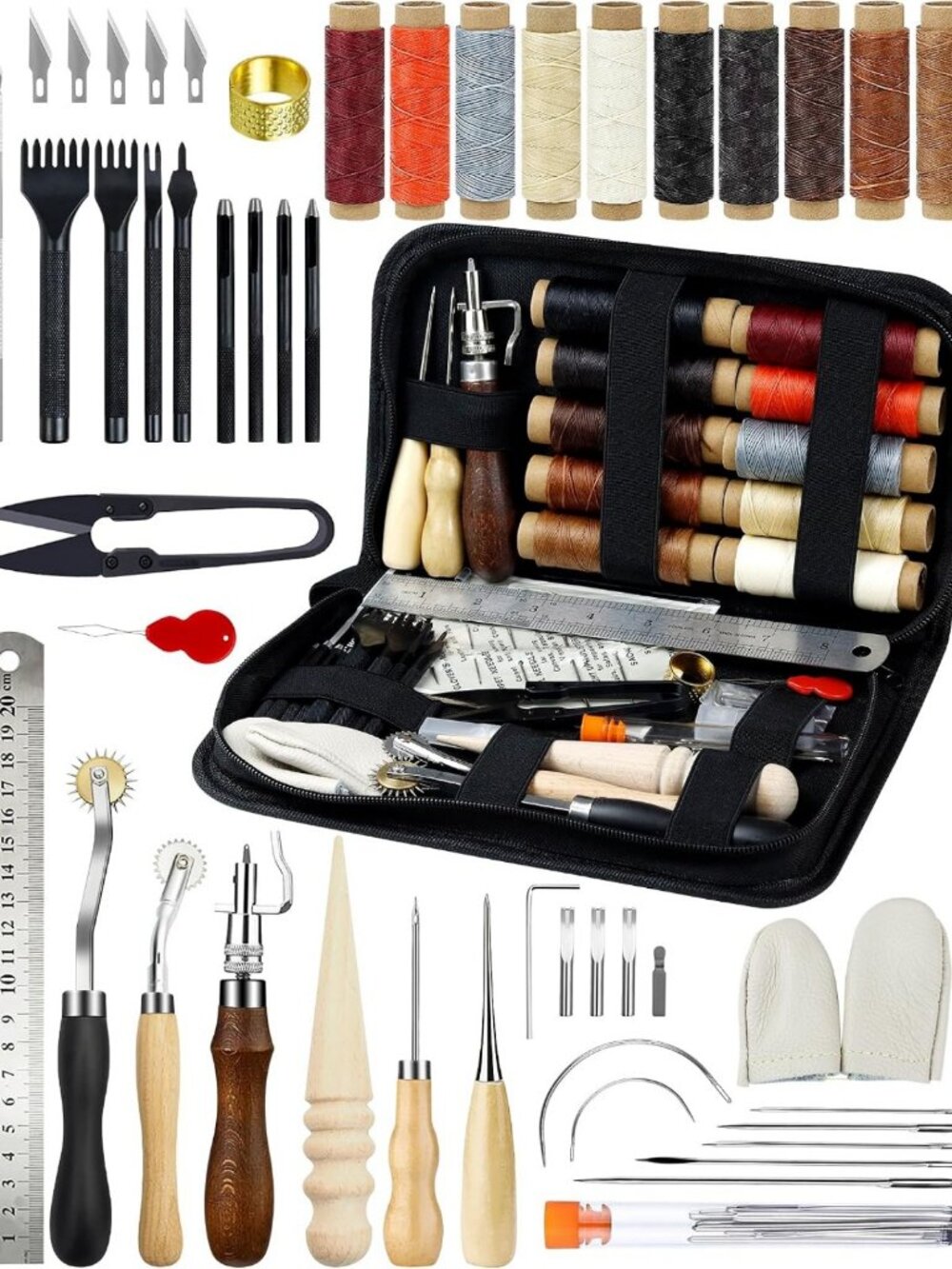 Professional Leather Craft Kit for Beginners - Tools, Waxed Thread, Awl & Punch
